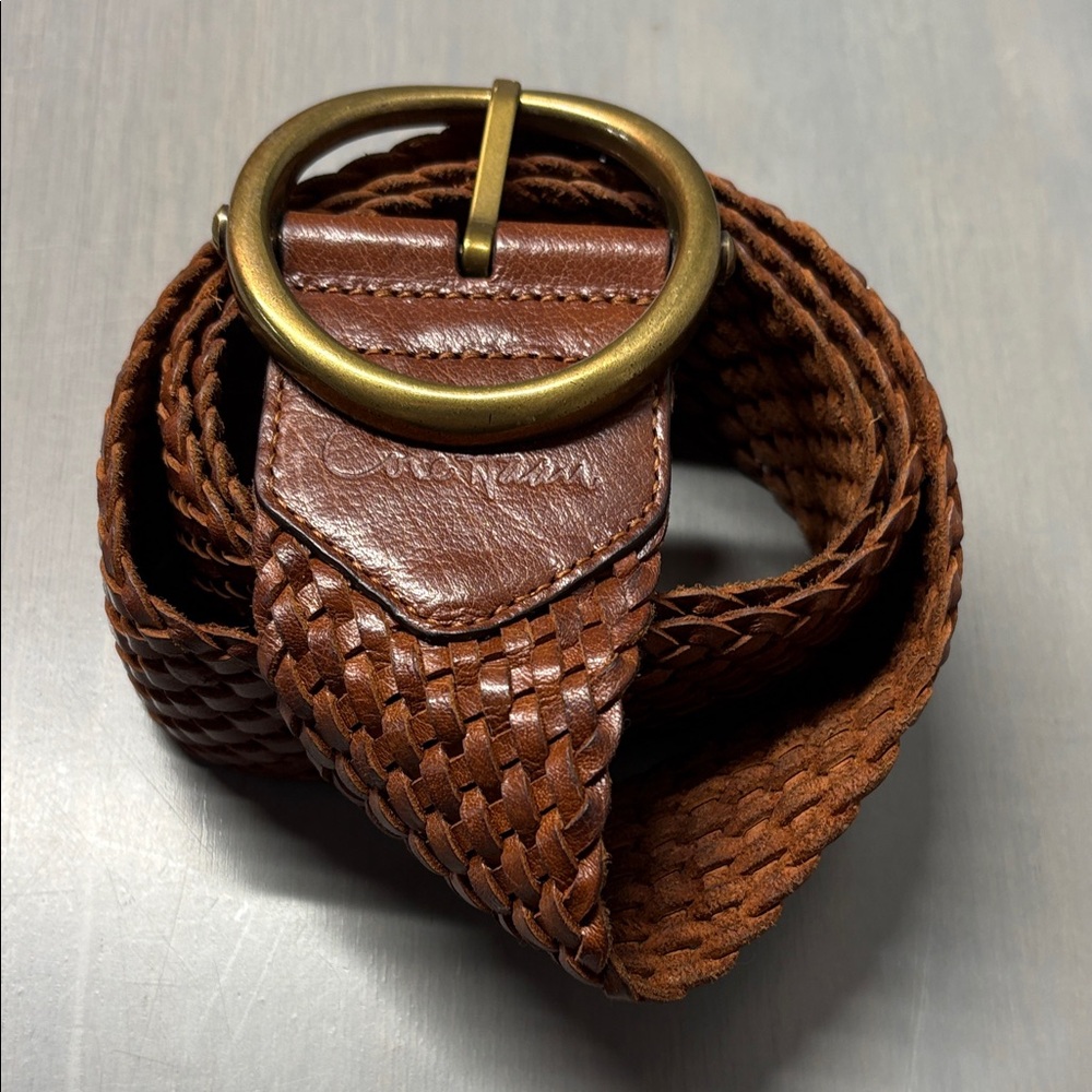 Vintage Braided Brown Leather Belt with Brass Round Buckle - Unbranded - Picture 2 of 7